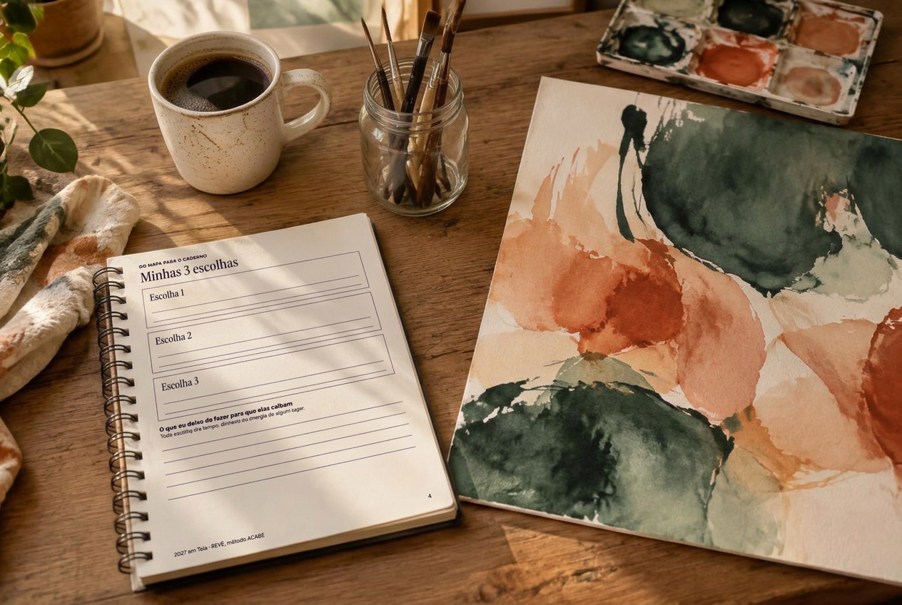 Caderno de Ações aberto na página Minhas 3 escolhas, ao lado de aquarela, pincéis e café
